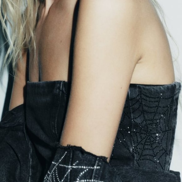 NWT TRF RHINESTONE SPIDERWEB STRAPLESS DENIM TOP - Picture 3 of 7